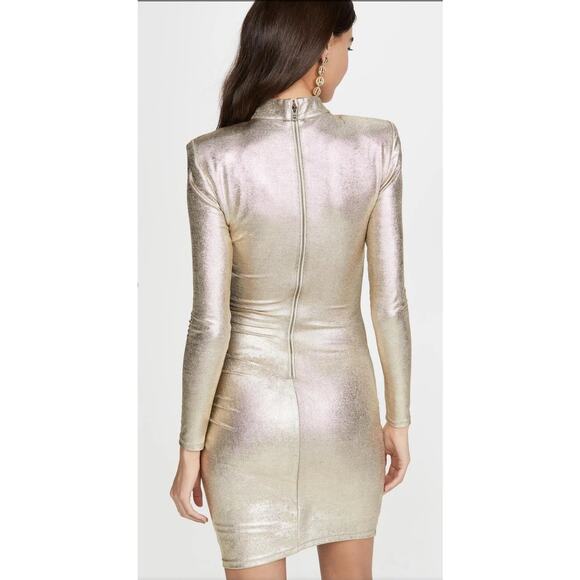 NWOT Alice + Olivia Hilary Ruched Mocked Neck Mini Dress Metallic Pale Gold Sz.0 - Picture 3 of 15